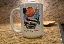 Image: A customized mug with an image of a mom holding her 2 children