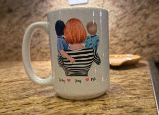 Image: A customized mug with an image of a mom holding her 2 children