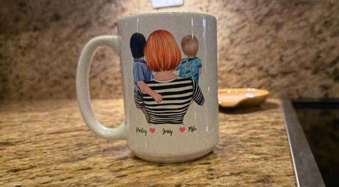 Image: A customized mug with an image of a mom holding her 2 children