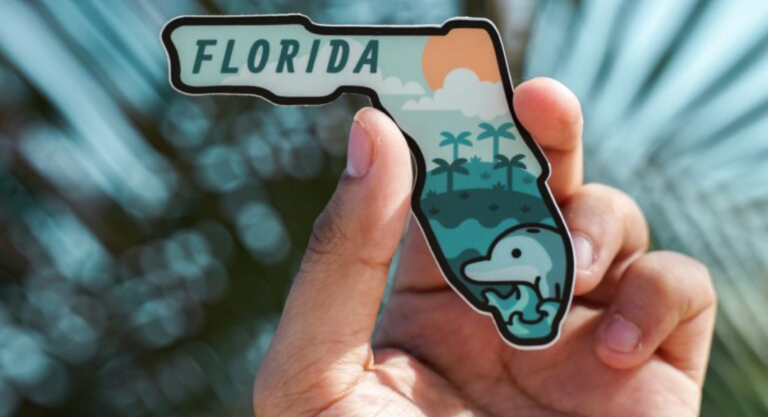 Image: A hand holds a magnet shaped like the state of Florida