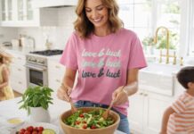 3 Easy Salad Bowl Recipes for Spring & Summer Mom preparing easy salad bowl recipes for spring and summer in a bright coastal kitchen while kids play