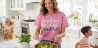 Mom preparing easy salad bowl recipes for spring and summer in a bright coastal kitchen while kids play