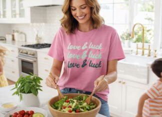 Mom preparing easy salad bowl recipes for spring and summer in a bright coastal kitchen while kids play