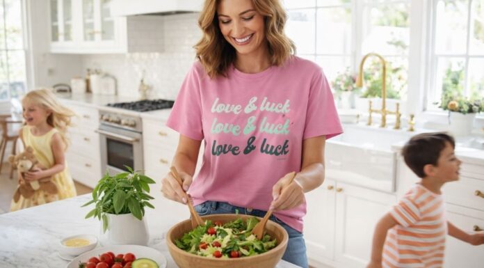Mom preparing easy salad bowl recipes for spring and summer in a bright coastal kitchen while kids play
