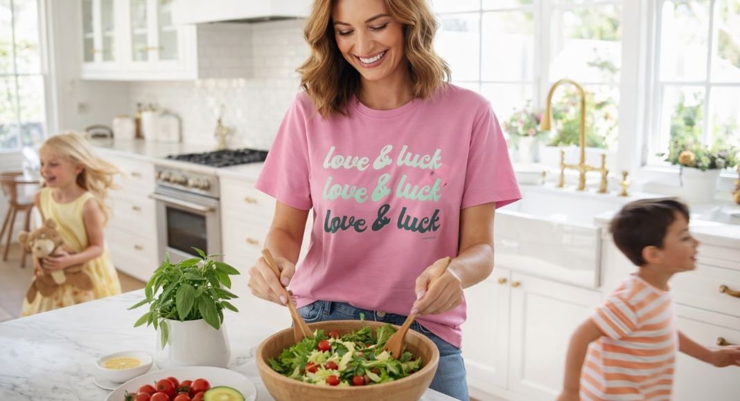 Mom preparing easy salad bowl recipes for spring and summer in a bright coastal kitchen while kids play