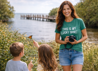 Mom and two children exploring nature at Deering Estate in Miami during spring, watching a butterfly near the waterfront.