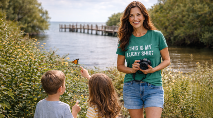 Spring Things To Do in Miami with Kids: Fresh Air + Simplicity Mom and two children exploring nature at Deering Estate in Miami during spring, watching a butterfly near the waterfront.