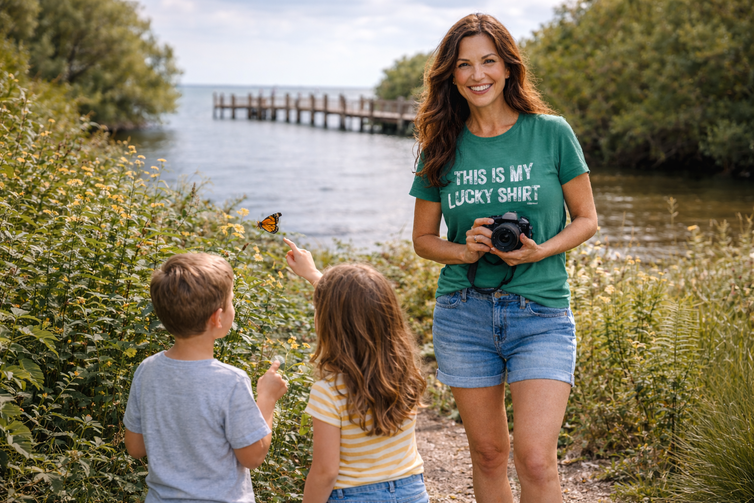 Mom and two children exploring nature at Deering Estate in Miami during spring, watching a butterfly near the waterfront.