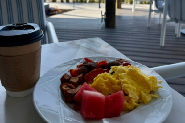 Image: Plated breakfast and a cup of coffee