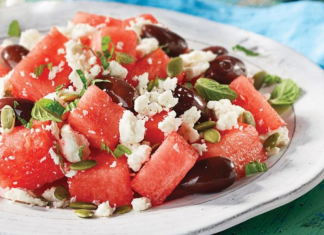 Image: A summer salad of watermelon, olives, and feta cheese