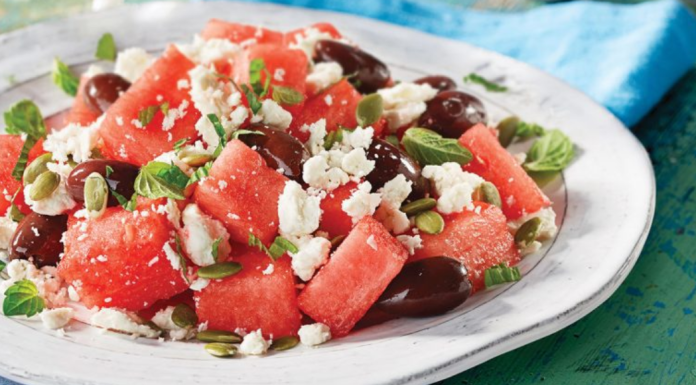 Image: A summer salad of watermelon, olives, and feta cheese
