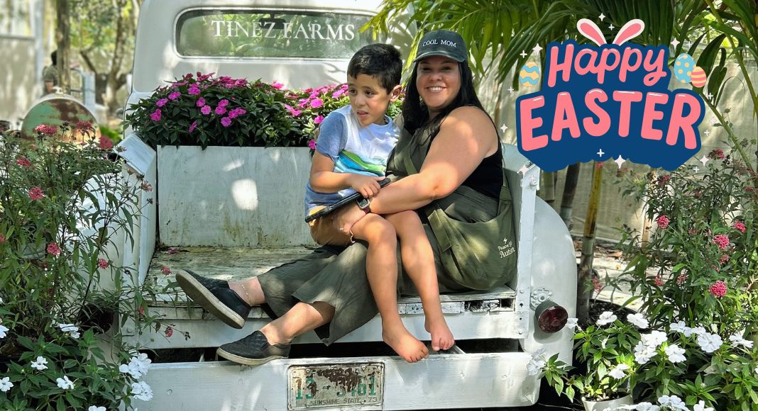 Image: A mother and son pose for a photo opp at Tinez Farms