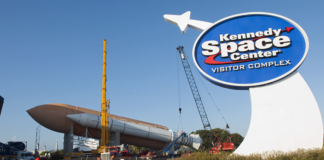 Image: The entrance to Kennedy Space Center's Visitor Complex in Titusville, FL