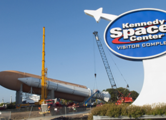 Image: The entrance to Kennedy Space Center's Visitor Complex in Titusville, FL