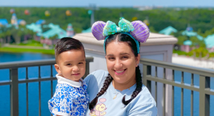 Image: Daniella and her son pose for a photo on the terrace at Topolino's