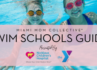 Image: Guide graphic for Miami Mom Collective Swim Schools Guide, sponsred by Nicklaus Children's Hospital and the YMCA of South Florida
