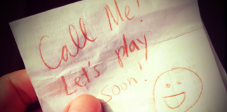Image: A handwritten note that reads, "Call Me! Let's play soon!"