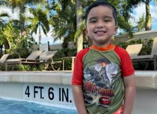 Image: Daniella's son poses for a photo in a swimming pool