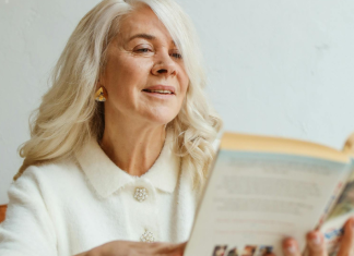 Image: A grandmother reading a book.