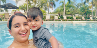 Image: A mother and son enjoying some pool time