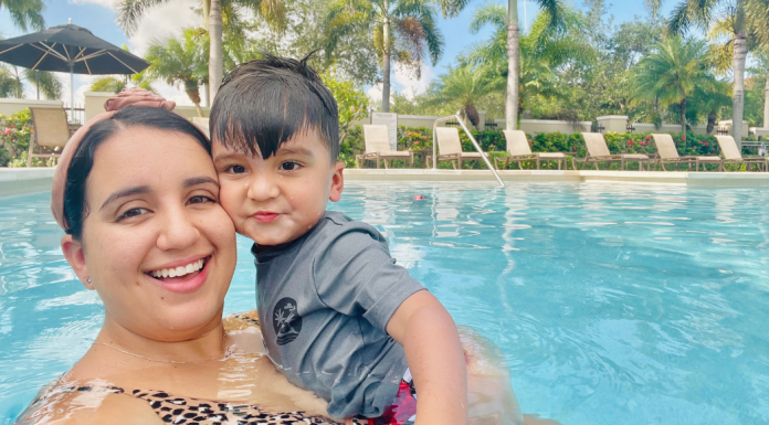 Image: A mother and son enjoying some pool time
