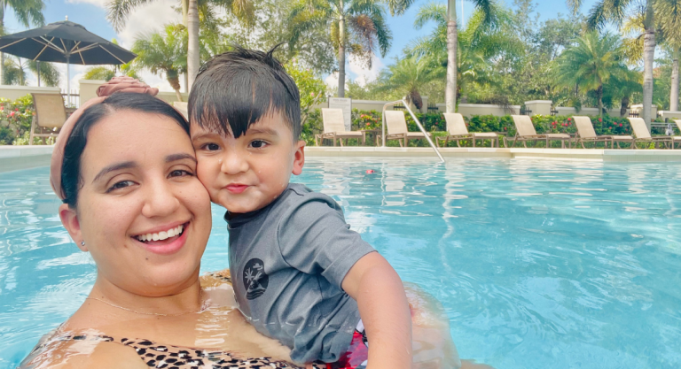 Image: A mother and son enjoying some pool time