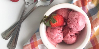 Image: A bowl of homemade all-natural 3 ingredient gluten-free, dairy-free strawberry ice cream