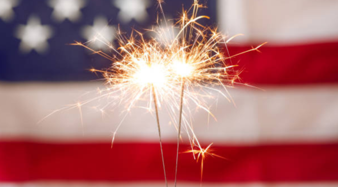 Image: Sparkler fireworks with an American flag in the background
