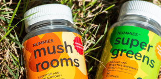 Image: Two bottles of supplements from Nummies: Mushrooms and Super Greens