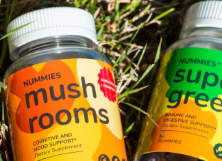 Nummies: Harnessing the Power of Adaptogenic Mushrooms Image: Two bottles of supplements from Nummies: Mushrooms and Super Greens