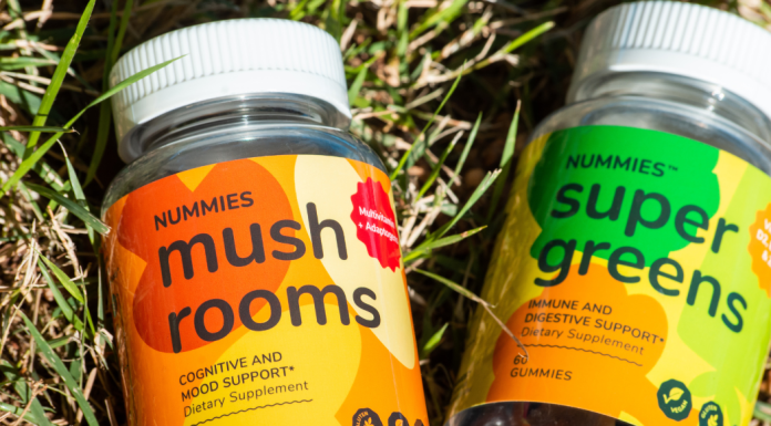 Nummies: Harnessing the Power of Adaptogenic Mushrooms Image: Two bottles of supplements from Nummies: Mushrooms and Super Greens