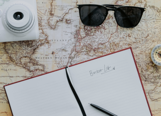2023 Summer Bucket List {With Printable!} Image: A camera, sunglasses, compass, and journal spread across a map