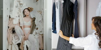 Image: A side-by-side of a woman sitting on a pile of clothes, next to another woman shopping for a dress