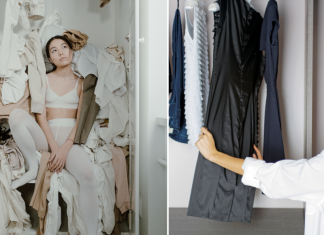 Image: A side-by-side of a woman sitting on a pile of clothes, next to another woman shopping for a dress