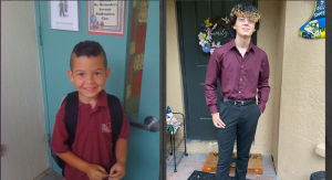 Image: A side-by-side of Natasha's son in kindergarten, and now a senior in high school