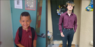 Image: A side-by-side of Natasha's son in kindergarten, and now a senior in high school