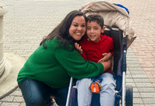 Image of a mother hugging her son on a trip