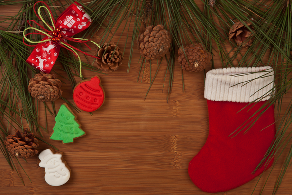 Evergreens, Christmas cookies, pinecones and a little Christmas stocking