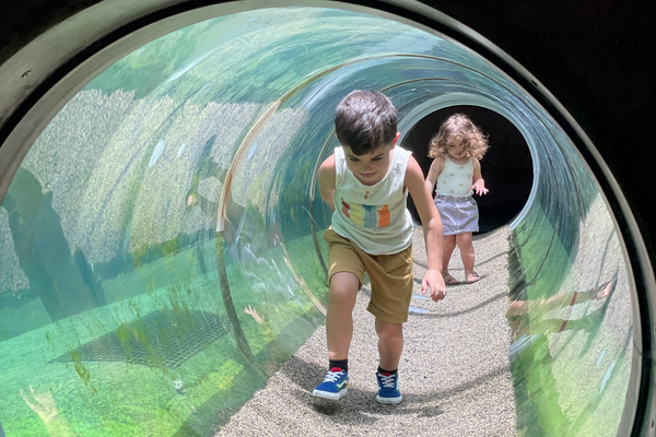 A brother and sister walking through an underwater tunnel
