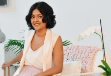 Andrea modeling one of her favorite work ensembles