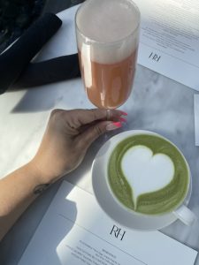 A bellini and matcha green tea latte at RH Rooftop Restaurant in West Palm Beach