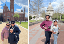 Vanessa and her daughters in front of the Smithsonian Institution (left) and in front of the US Capitol (right)
