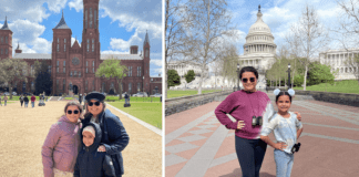 Vanessa and her daughters in front of the Smithsonian Institution (left) and in front of the US Capitol (right)