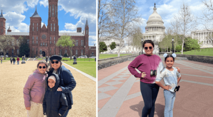 Vanessa and her daughters in front of the Smithsonian Institution (left) and in front of the US Capitol (right)