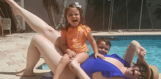 A woman with kids by the pool, embracing her summer beach body