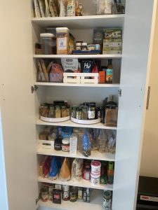 Organized dry goods in a food pantry