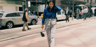A woman walking to work in the city