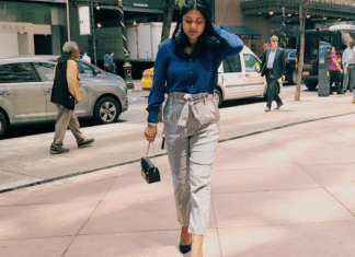 A woman walking to work in the city