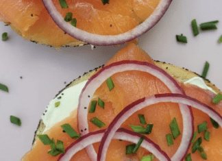 Jewish Heritage Month: Monica’s All-Star List of Mitzvah Foods A sliced bagel topped with cream cheese, nova, and sliced red onions