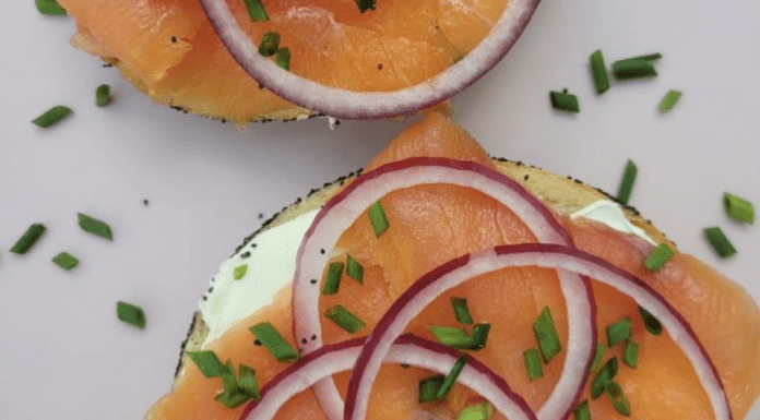 Jewish Heritage Month: Monica’s All-Star List of Mitzvah Foods A sliced bagel topped with cream cheese, nova, and sliced red onions